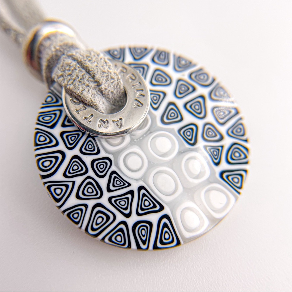 Antica Murrina Millefiori Unique Blue and White Glass Necklace on Suede Rope - Picture 3 of 5